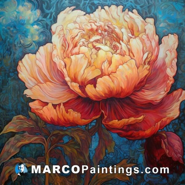 An oil painting of a orange peony flower in blue tones