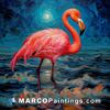 An oil painting of a pink flamingo at night