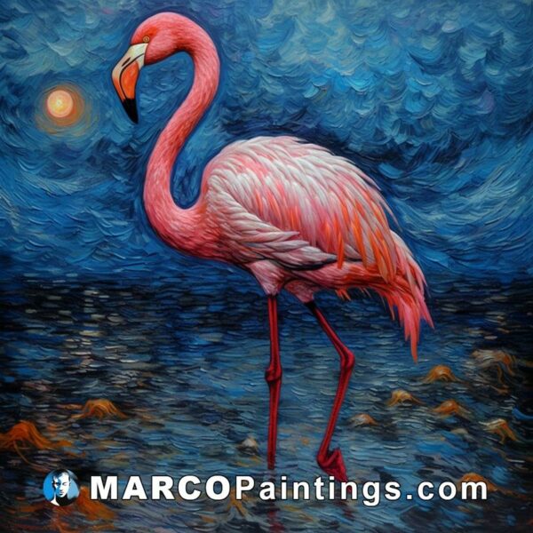 An oil painting of a pink flamingo on the beach