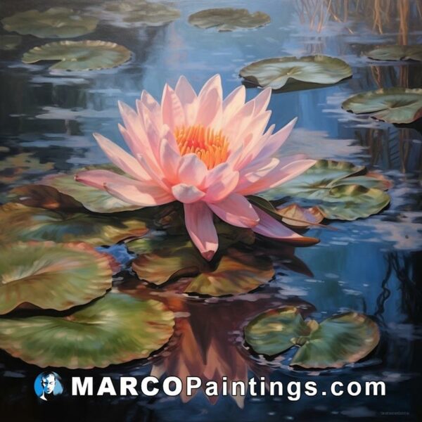 An oil painting of a pink water lily sitting on top of leaves