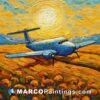 An oil painting of a plane in a sunflower field