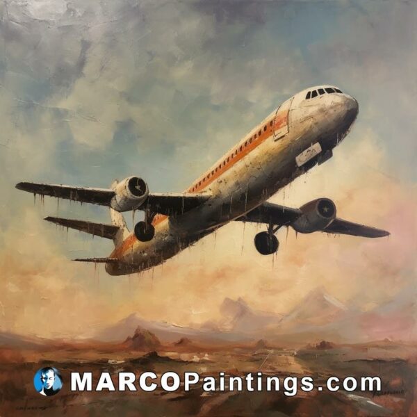 An oil painting of a plane taking off in the desert