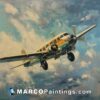 An oil painting of a propeller airplane in flight