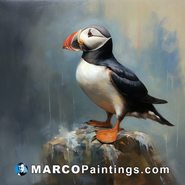An oil painting of a puffin sitting on rocks