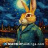 An oil painting of a rabbit in a suit laying in front of the moon