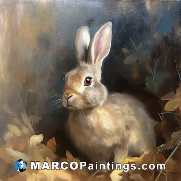 An oil painting of a rabbit in leaves