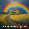 An oil painting of a rainbow over a house in a field