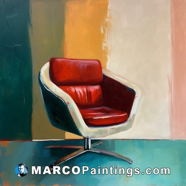 An oil painting of a red chair with colorful fabric