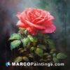 An oil painting of a red rose with leaves