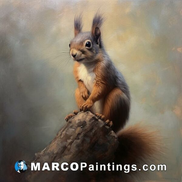 An oil painting of a red squirrel sitting on a log