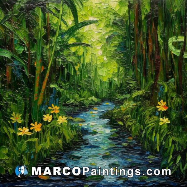 An oil painting of a river in the jungle