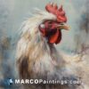 An oil painting of a rooster with her head turned up
