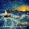 An oil painting of a sailing boat in the ocean
