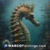 An oil painting of a sea horse in the ocean