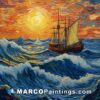 An oil painting of a ship in waves at sunset