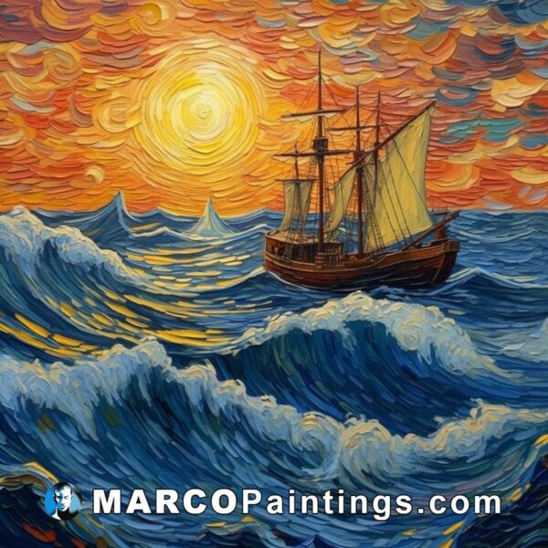 An oil painting of a ship in waves at sunset