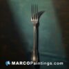 An oil painting of a silver fork with a blue background