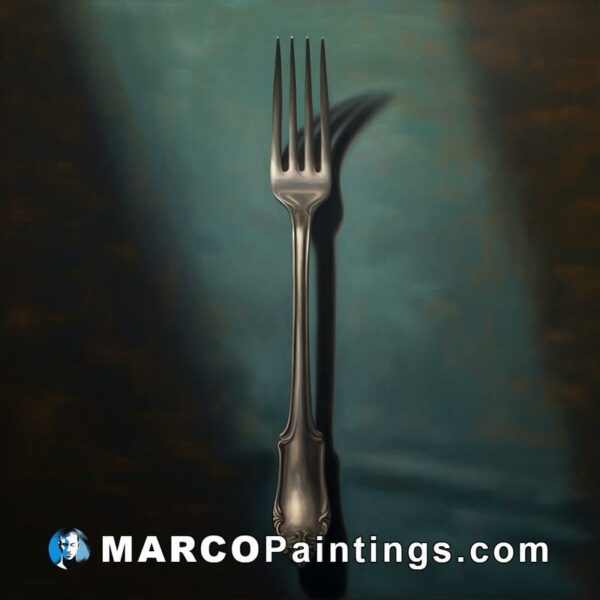 An oil painting of a silver fork with a blue background