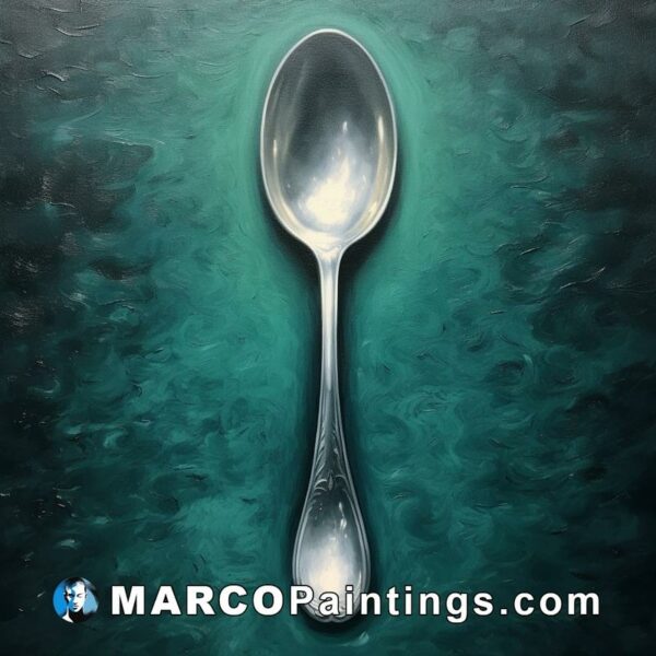 An oil painting of a silver spoon on a dark turquoise background