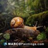 An oil painting of a snail in the woods