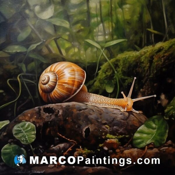An oil painting of a snail in the woods