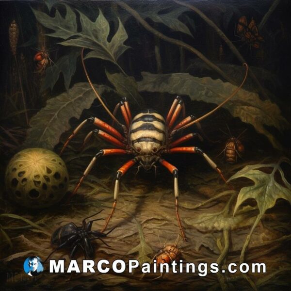 An oil painting of a spider and other insects in the woods