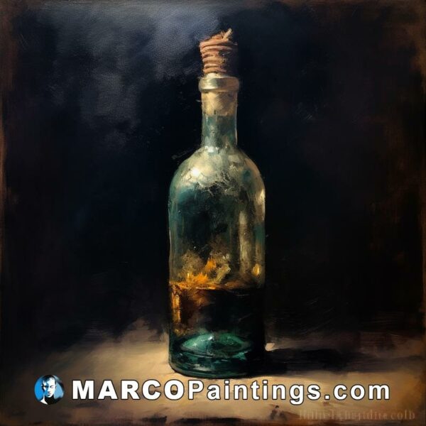 An oil painting of a stained bottle on a dark floor