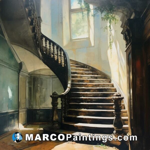 An oil painting of a staircase in an abandoned building