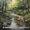 An oil painting of a stream in the woods
