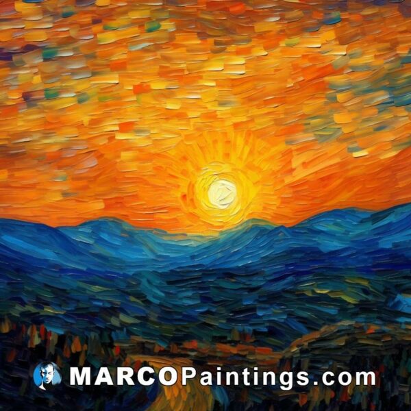 An oil painting of a sun setting over a mountain