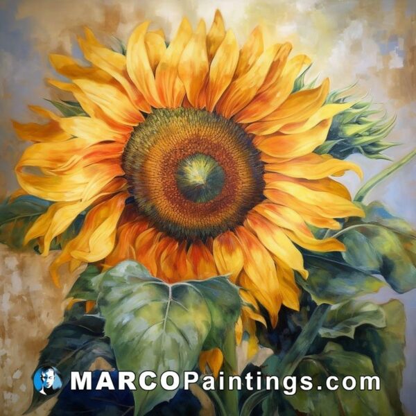 An oil painting of a sunflower with blue and gold