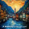 An oil painting of a sunset city with a river in the background