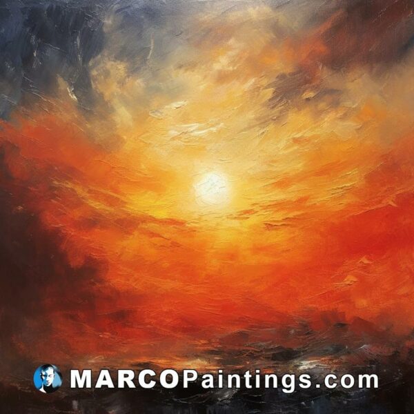 An oil painting of a sunset with orange and red clouds