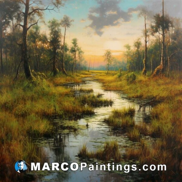 An oil painting of a swamp at sunset