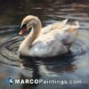 An oil painting of a swan floating on the water