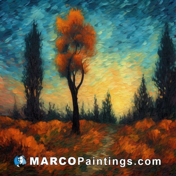 An oil painting of a tree in the fall