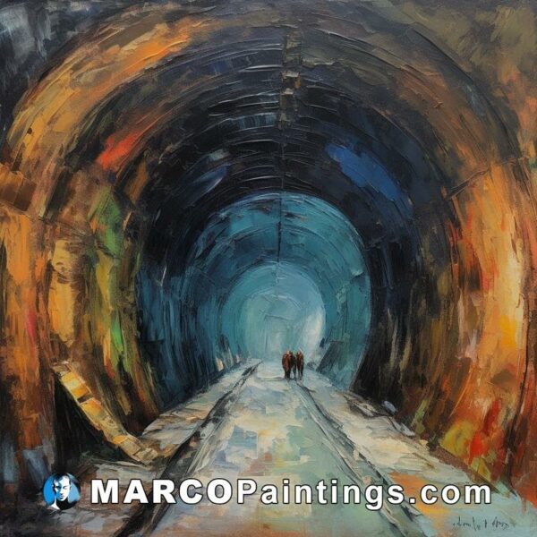 An oil painting of a tunnel with two men