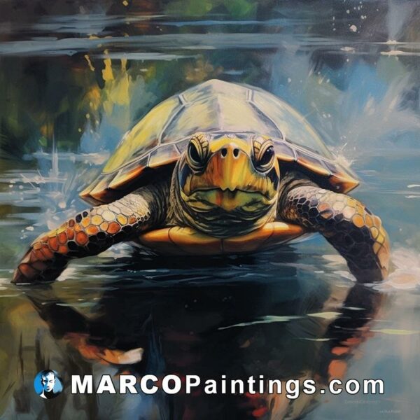 An oil painting of a turtle swimming in water