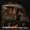 An oil painting of a van full of people and animals