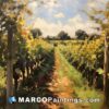 An oil painting of a vineyard with a path