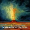 An oil painting of a volcano near a large sea