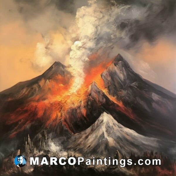 An oil painting of a volcano with smoke and lava