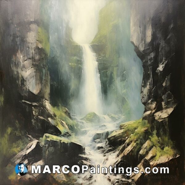 An oil painting of a waterfall and lands