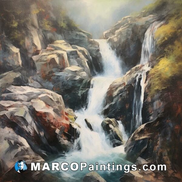 An oil painting of a waterfall flowing through rocks