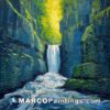 An oil painting of a waterfall with green water