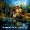 An oil painting of a watermill by the river