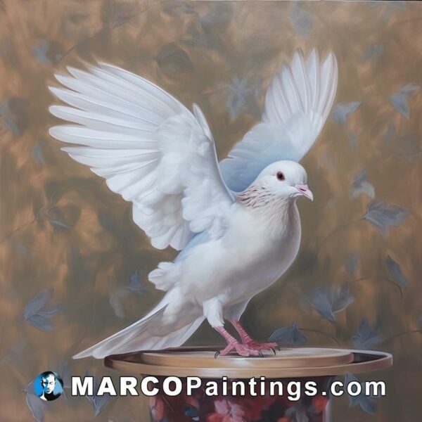 An oil painting of a white dove on top of a flower vase