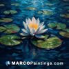 An oil painting of a white water lily on a leaf