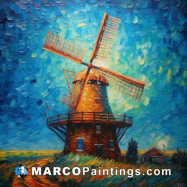 An oil painting of a windmill