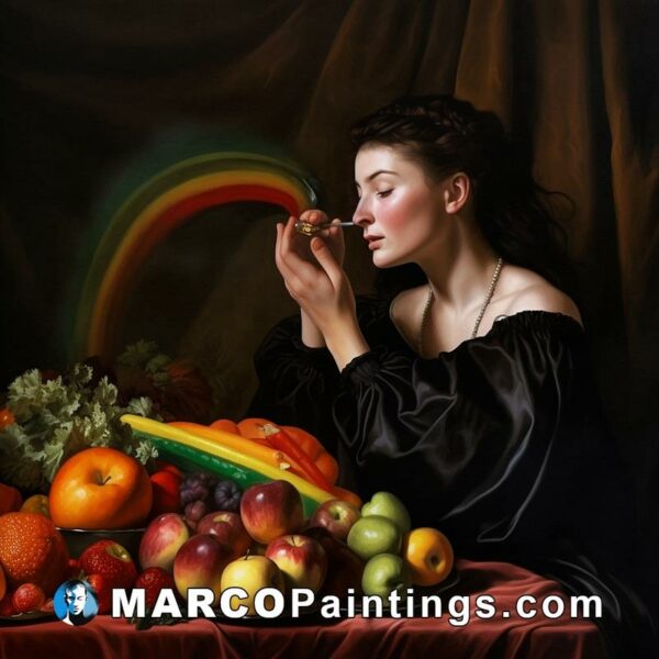 An oil painting of a woman sniffing fruit with a rainbow